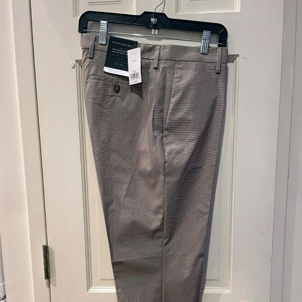 Banana Republic Tan Houndstooth Slim Fit Non-Iron Stretch Cotton Dress Pant